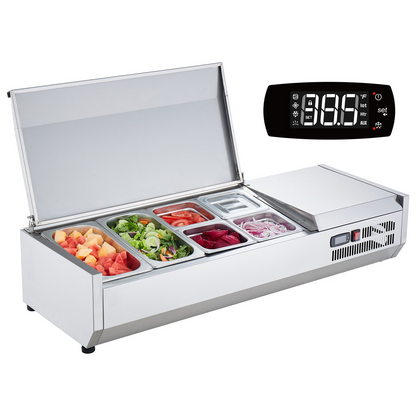 VEVOR Refrigerated Condiment Prep Station, 135 W Countertop Refrigerated Condiment Station, with 2 1/3 Pans & 4 1/6 Pans, 304 Stainless Body and PC Lid, Sandwich Prep Table with Stainless Guard, ETL