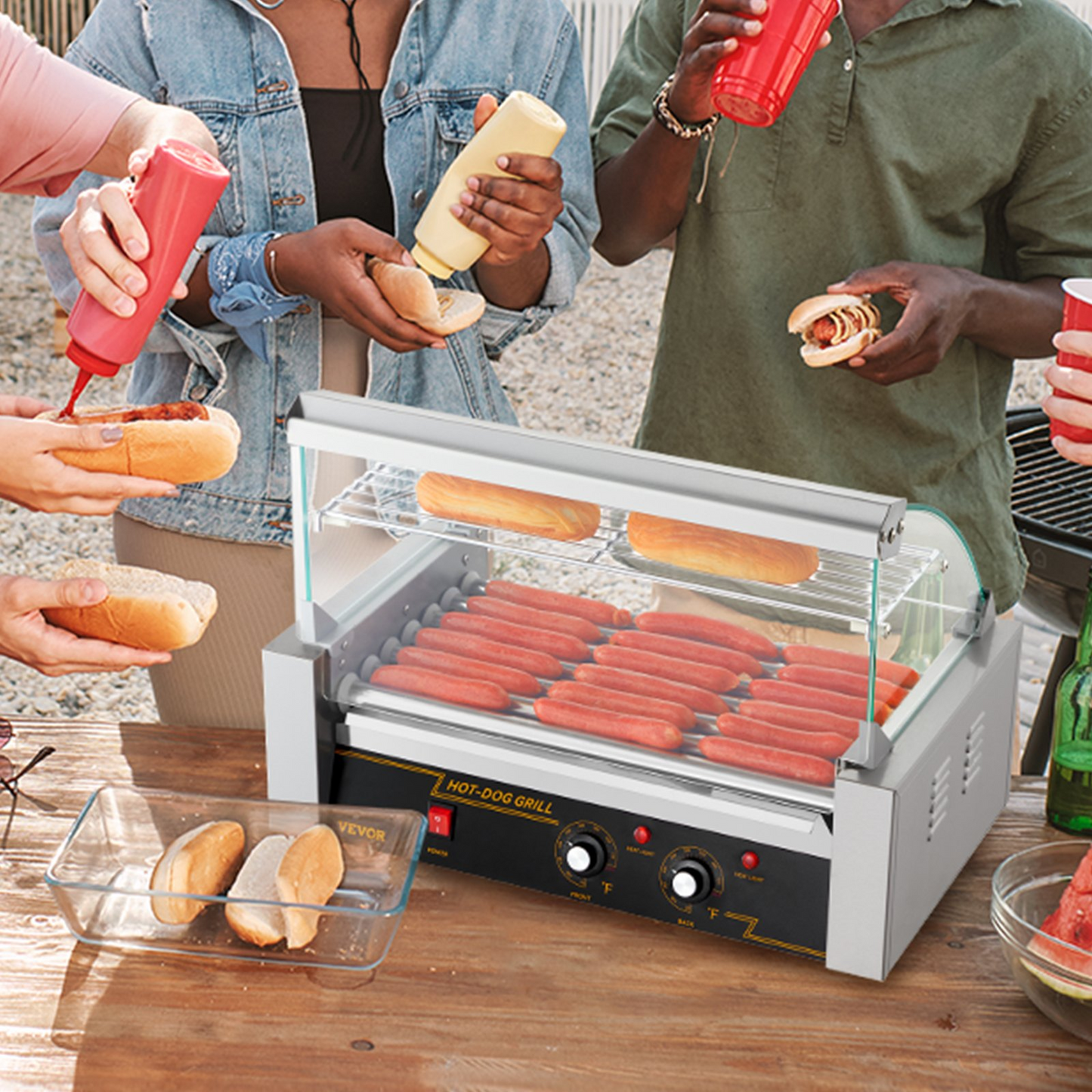 VEVOR Hot Dog Roller 7 Rollers 18 Hot Dogs Capacity 1050W Stainless Sausage Grill Cooker Machine with Dual Temp Control Glass Hood Acrylic Cover Bun Warmer Shelf Removable Oil Drip Tray, ETL Certified