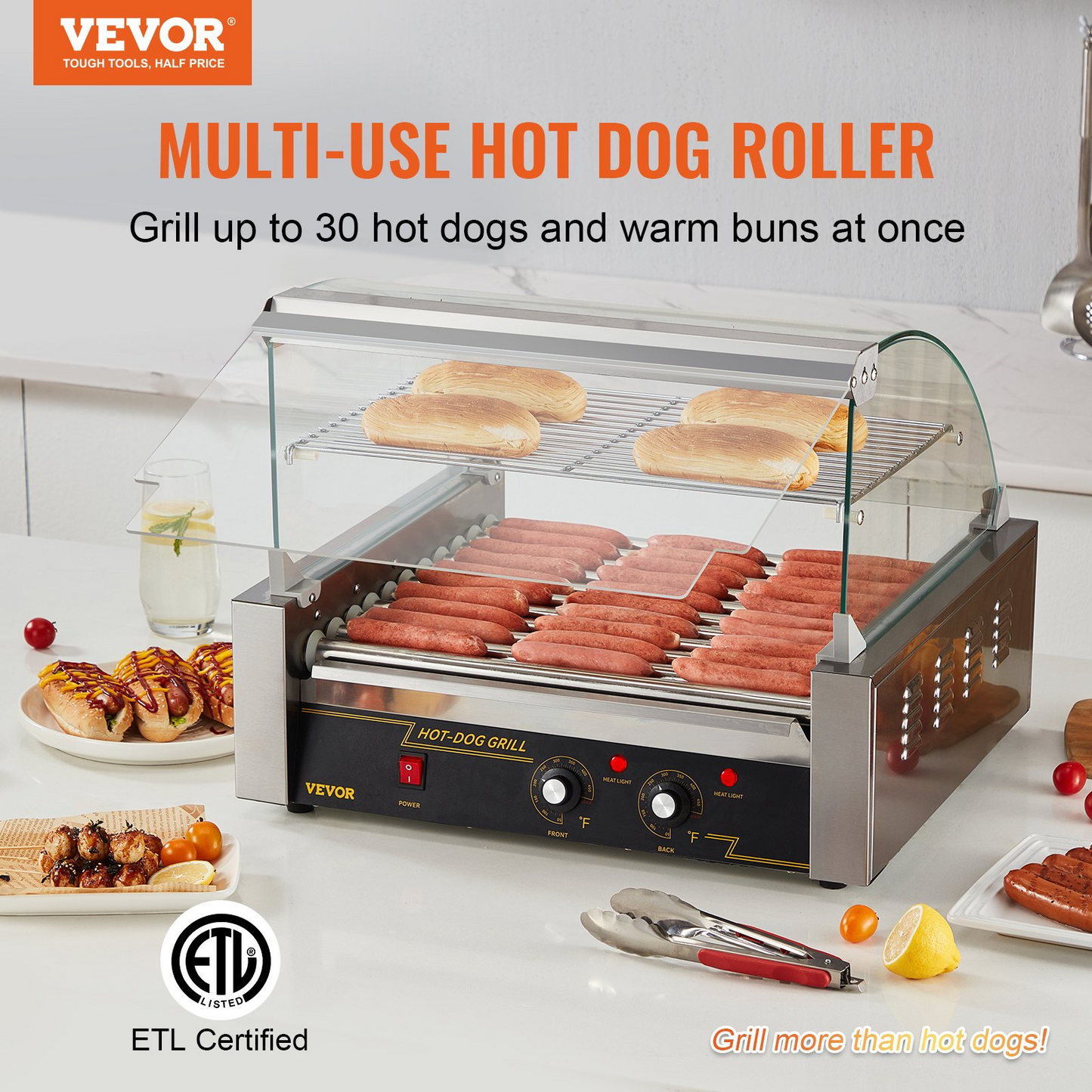 VEVOR Hot Dog Roller, 11 Rollers 30 Hot Dogs Capacity, 1650W Stainless Sausage Grill Cooker Machine with Dual Temp Control Glass Hood Acrylic Cover Bun Warmer Shelf Removable Drip Tray, ETL Certified