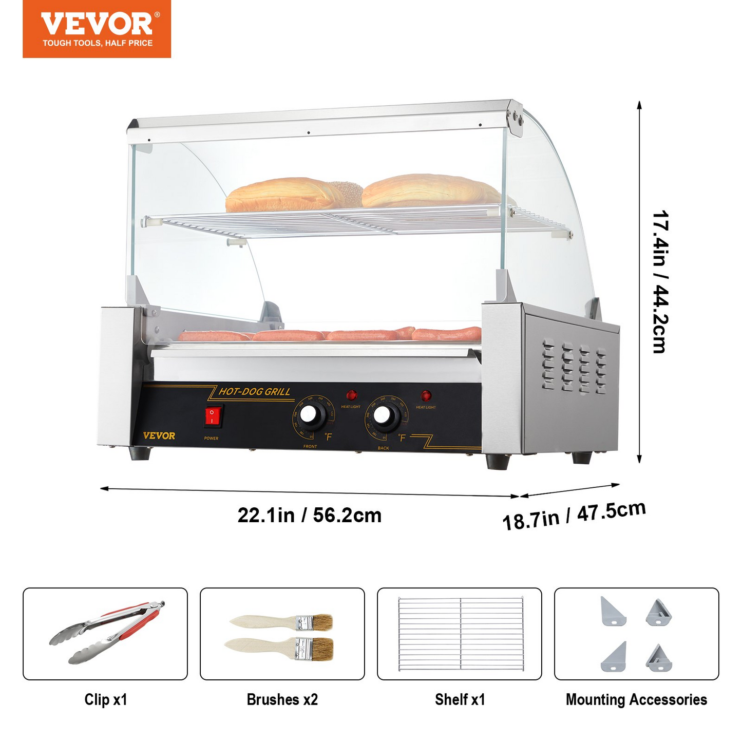 VEVOR Hot Dog Roller, 11 Rollers 30 Hot Dogs Capacity, 1650W Stainless Sausage Grill Cooker Machine with Dual Temp Control Glass Hood Acrylic Cover Bun Warmer Shelf Removable Drip Tray, ETL Certified