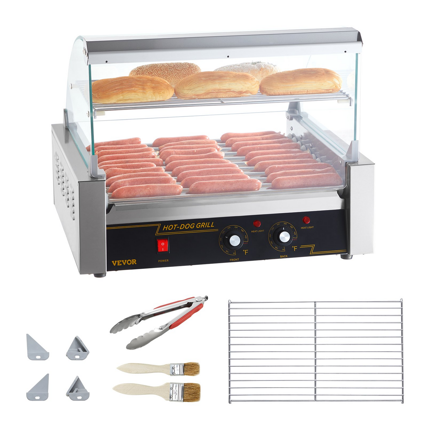 VEVOR Hot Dog Roller, 11 Rollers 30 Hot Dogs Capacity, 1650W Stainless Sausage Grill Cooker Machine with Dual Temp Control Glass Hood Acrylic Cover Bun Warmer Shelf Removable Drip Tray, ETL Certified