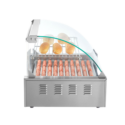 VEVOR Hot Dog Roller, 11 Rollers 30 Hot Dogs Capacity, 1650W Stainless Sausage Grill Cooker Machine with Dual Temp Control Glass Hood Acrylic Cover Bun Warmer Shelf Removable Drip Tray, ETL Certified