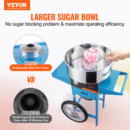 VEVOR Electric Cotton Candy Machine with Cart, 1000W Commercial Candy Floss Maker with Stainless Steel Bowl, Sugar Scoop and Drawer, Perfect for Home, Kids Birthday, Family Party, Blue