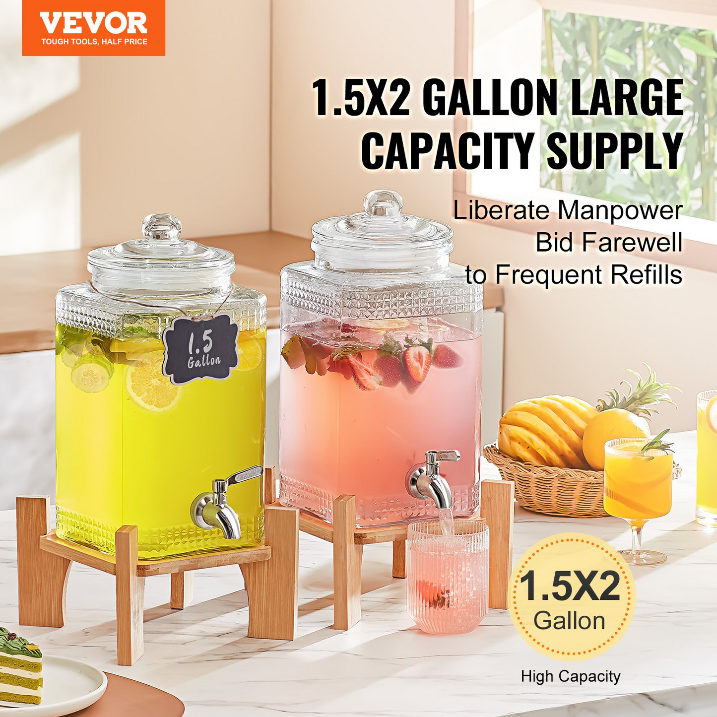 VEVOR Beverage Dispenser, 1.5 Gallon Drink Dispensers for Parties, Glass Juice Dispenser with Stand, Stainless Steel Spigot, Iced Tea Lemonade Juice Water Dispenser, for Restaurants, Hotels, Parties