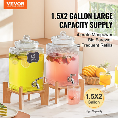 VEVOR Beverage Dispenser, 1.5 Gallon Drink Dispensers for Parties, Glass Juice Dispenser with Stand, Stainless Steel Spigot, Iced Tea Lemonade Juice Water Dispenser, for Restaurants, Hotels, Parties