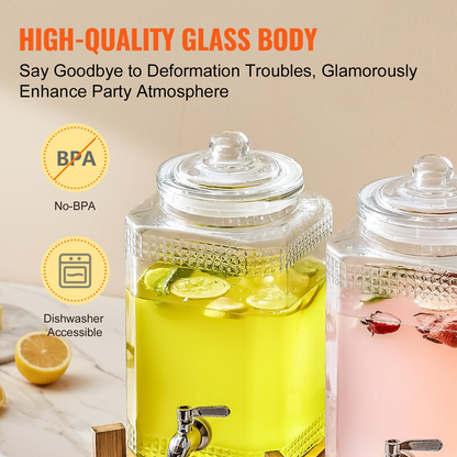 VEVOR Beverage Dispenser, 1.5 Gallon Drink Dispensers for Parties, Glass Juice Dispenser with Stand, Stainless Steel Spigot, Iced Tea Lemonade Juice Water Dispenser, for Restaurants, Hotels, Parties