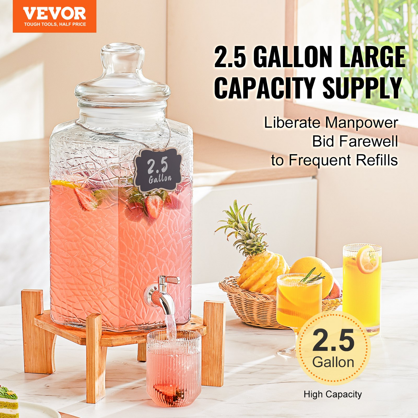 VEVOR Beverage Dispenser, 2.5 Gallon Drink Dispensers for Parties, Glass Juice Dispenser with Stand, Stainless Steel Spigot, Iced Tea Lemonade Juice Water Dispenser, for Restaurants, Hotels, Parties