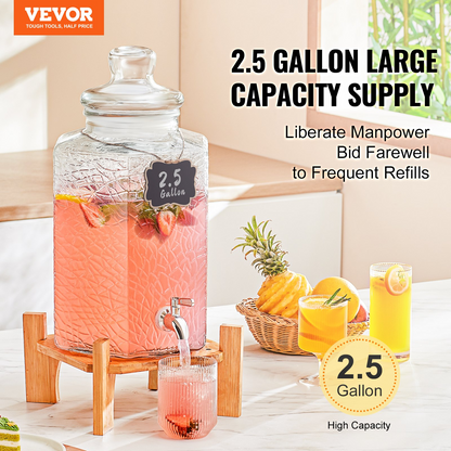 VEVOR Beverage Dispenser, 2.5 Gallon Drink Dispensers for Parties, Glass Juice Dispenser with Stand, Stainless Steel Spigot, Iced Tea Lemonade Juice Water Dispenser, for Restaurants, Hotels, Parties