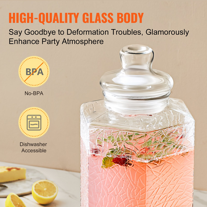 VEVOR Beverage Dispenser, 2.5 Gallon Drink Dispensers for Parties, Glass Juice Dispenser with Stand, Stainless Steel Spigot, Iced Tea Lemonade Juice Water Dispenser, for Restaurants, Hotels, Parties