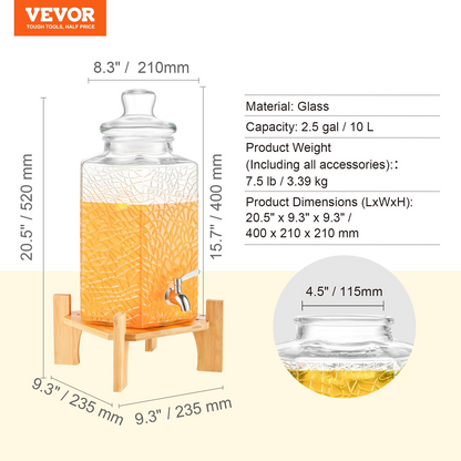 VEVOR Beverage Dispenser, 2.5 Gallon Drink Dispensers for Parties, Glass Juice Dispenser with Stand, Stainless Steel Spigot, Iced Tea Lemonade Juice Water Dispenser, for Restaurants, Hotels, Parties