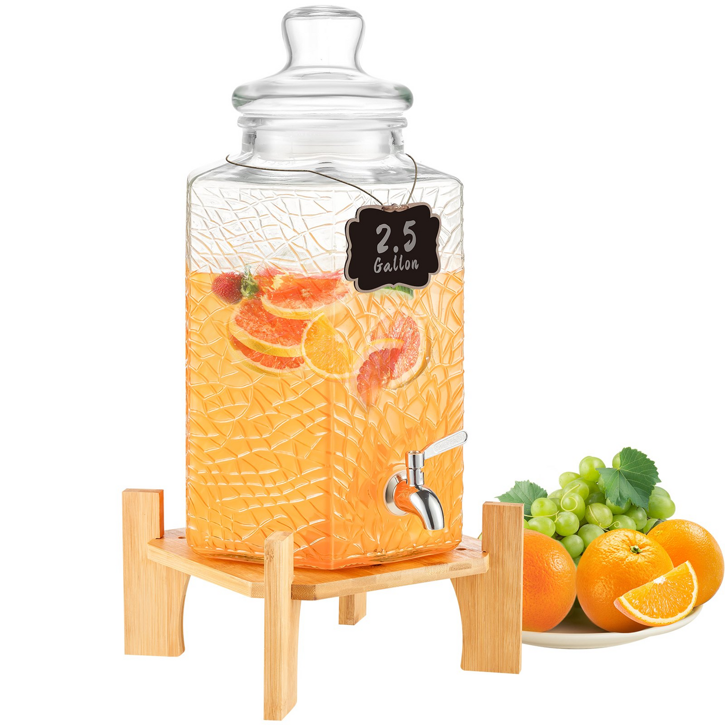 VEVOR Beverage Dispenser, 2.5 Gallon Drink Dispensers for Parties, Glass Juice Dispenser with Stand, Stainless Steel Spigot, Iced Tea Lemonade Juice Water Dispenser, for Restaurants, Hotels, Parties