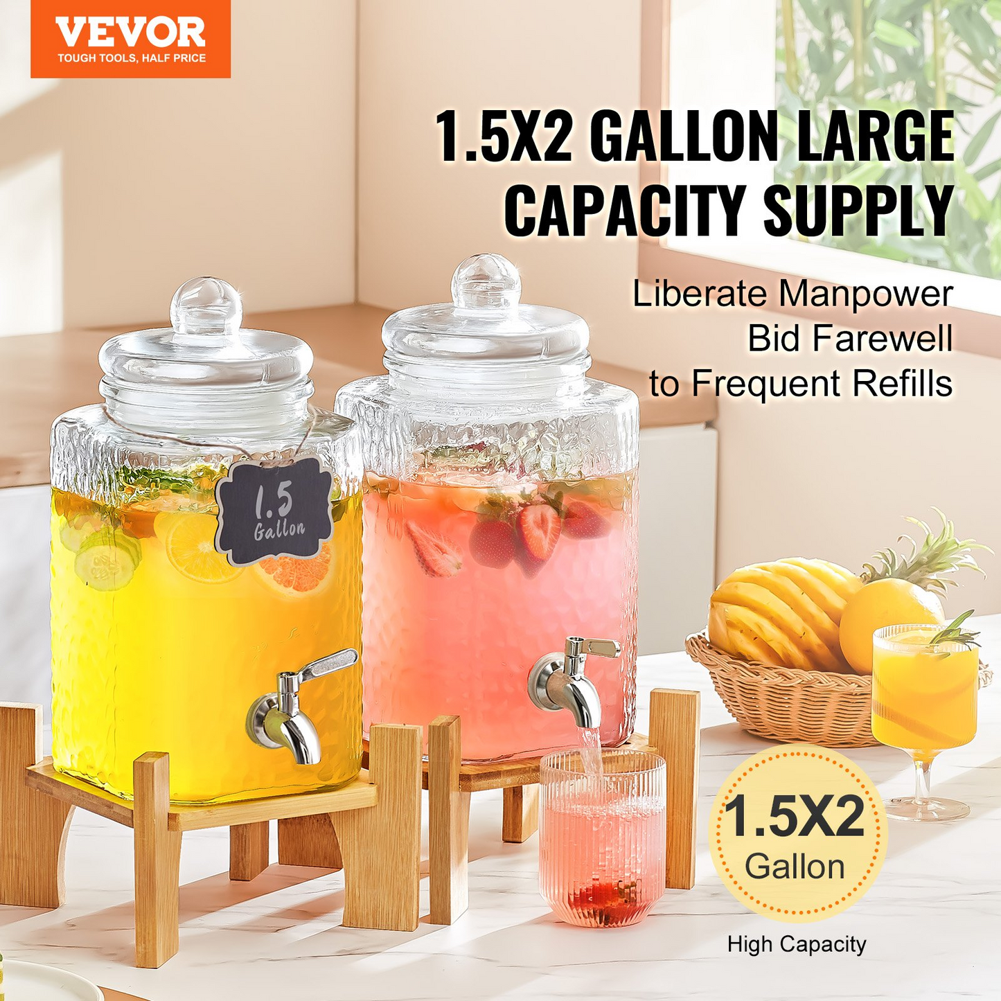 VEVOR Beverage Dispenser, 1.5 Gallon Drink Dispensers for Parties,2PC,Glass Juice Dispenser with Stand, Stainless Steel Spigot, Iced Tea Lemonade Juice Water Dispenser, for Restaurants, Hotels, Partie