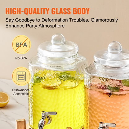 VEVOR Beverage Dispenser, 1.5 Gallon Drink Dispensers for Parties,2PC,Glass Juice Dispenser with Stand, Stainless Steel Spigot, Iced Tea Lemonade Juice Water Dispenser, for Restaurants, Hotels, Partie