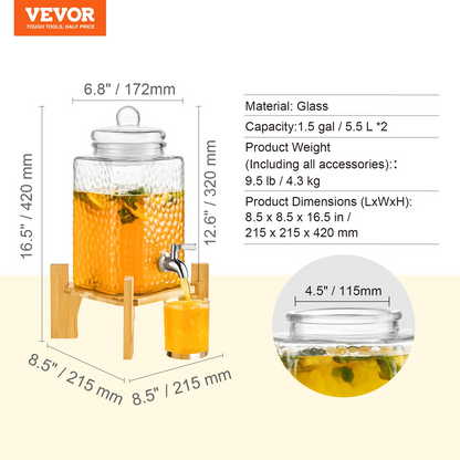 VEVOR Beverage Dispenser, 1.5 Gallon Drink Dispensers for Parties,2PC,Glass Juice Dispenser with Stand, Stainless Steel Spigot, Iced Tea Lemonade Juice Water Dispenser, for Restaurants, Hotels, Partie