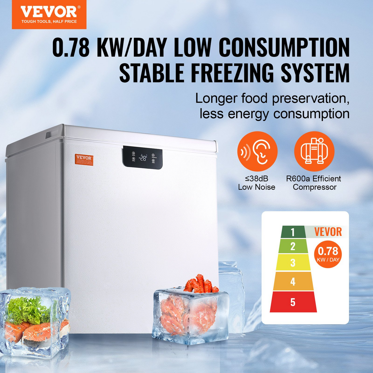 VEVOR Chest Freezer, 3.88 Cu.ft / 110 L Compact Deep Freezer, Free Standing Top Open Door Compact Freezers with 2 Removable Baskets & Adjustable Thermostat, Energy Saving & Low Noise, White