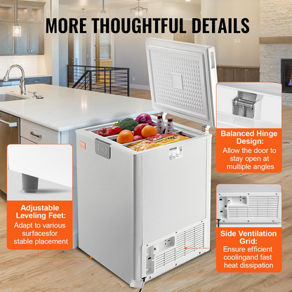 VEVOR Chest Freezer, 3.88 Cu.ft / 110 L Compact Deep Freezer, Free Standing Top Open Door Compact Freezers with 2 Removable Baskets & Adjustable Thermostat, Energy Saving & Low Noise, White