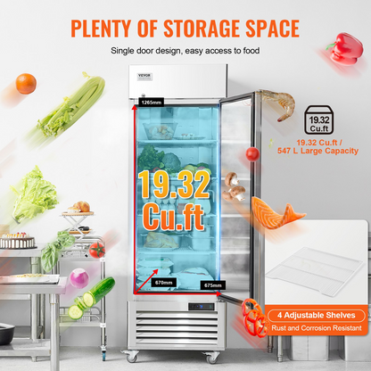 VEVOR Commercial Refrigerator 19.32 Cu.ft, Reach In 27" W Upright Refrigerator Single Door, Auto-Defrost Stainless Steel Reach-in Refrigerator & 4 Shelves, 33 to 41℉ Temp Control, LED Light, 4 Wheel