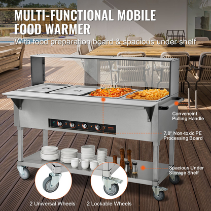 VEVOR 4-Pan Commercial Food Warmer, 4 x 20.6QT Electric Steam Table, 2000W Professional Buffet Catering Food Warmer with Acrylic Sneeze Guard, Food Grade Stainless Steel Server for Party Restaurant