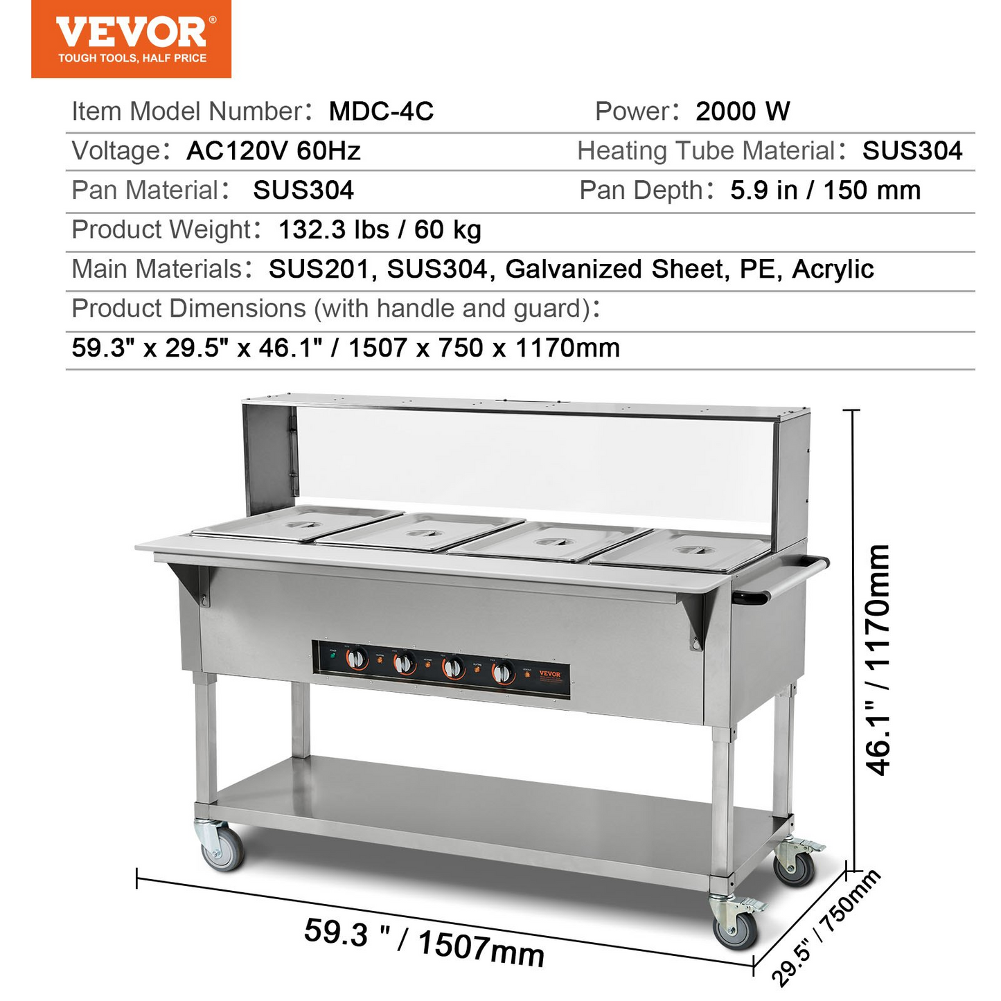 VEVOR 4-Pan Commercial Food Warmer, 4 x 20.6QT Electric Steam Table, 2000W Professional Buffet Catering Food Warmer with Acrylic Sneeze Guard, Food Grade Stainless Steel Server for Party Restaurant