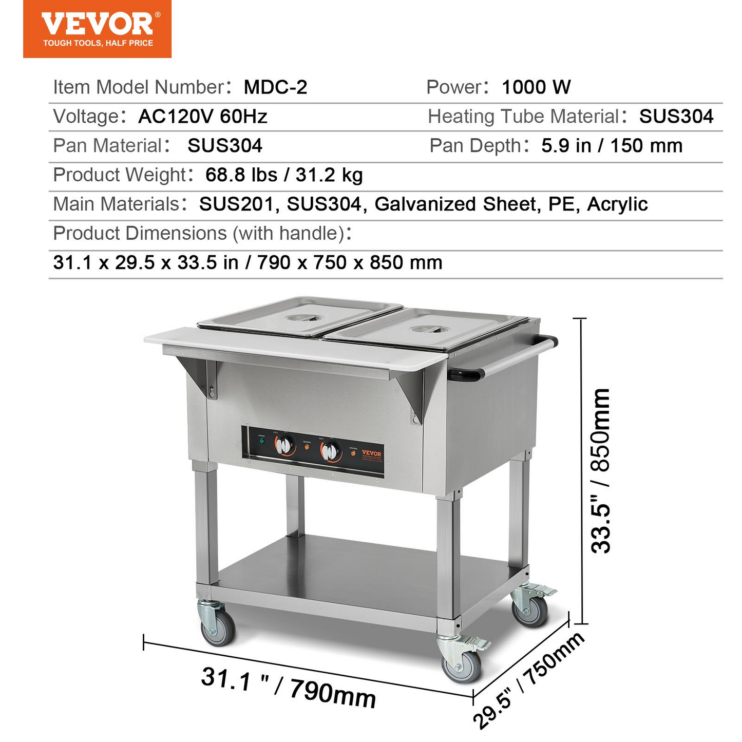 VEVOR 2-Pan Commercial Food Warmer, 2 x 20.6QT Electric Steam Table, 1000W Professional Buffet Catering Food Warmer with 4 Wheels (2 Lockable), Food Grade Stainless Steel Server for Party Restaurant