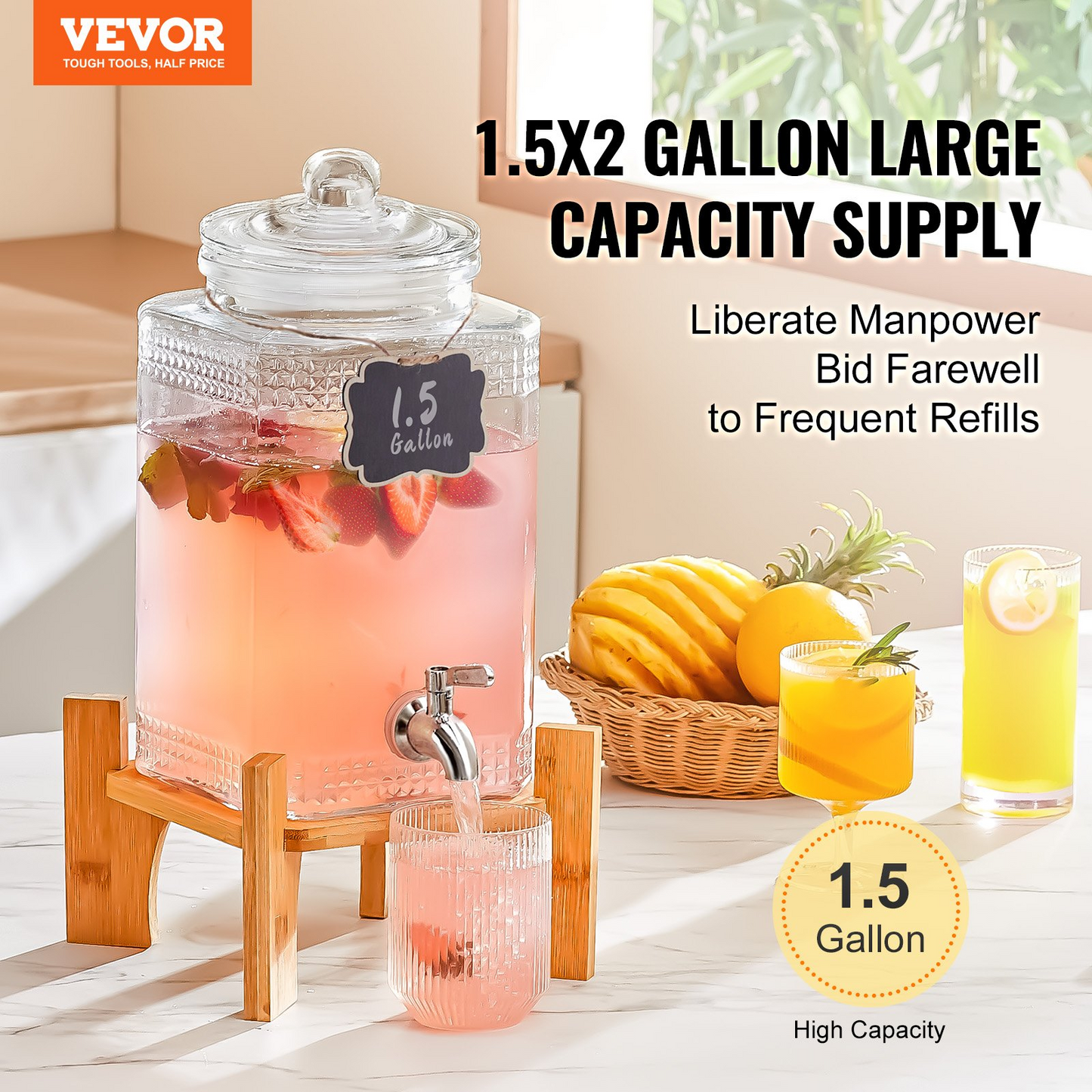 VEVOR Beverage Dispenser, 1.5 Gallon Drink Dispensers for Parties, Glass Juice Dispenser with Stand, Stainless Steel Spigot, Iced Tea Lemonade Juice Water Dispenser, for Restaurants, Hotels, Parties