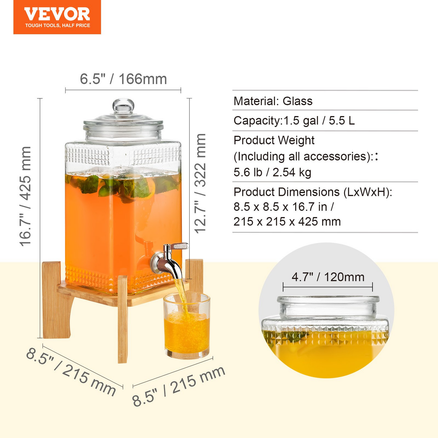 VEVOR Beverage Dispenser, 1.5 Gallon Drink Dispensers for Parties, Glass Juice Dispenser with Stand, Stainless Steel Spigot, Iced Tea Lemonade Juice Water Dispenser, for Restaurants, Hotels, Parties