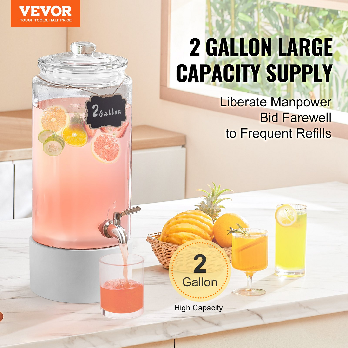 VEVOR Beverage Dispenser, 2 Gallon Drink Dispensers for Parties, Glass Juice Dispenser with Stainless Steel Spigot, Iced Tea Lemonade Juice Water Dispenser, for Restaurants, Hotels, Parties