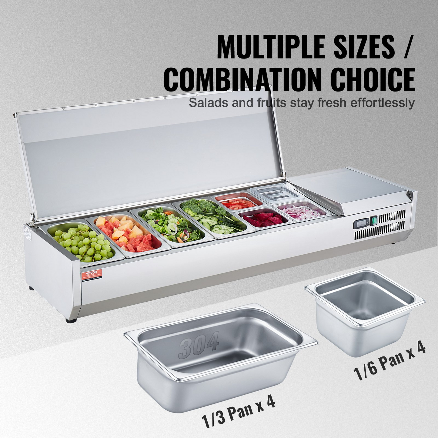 VEVOR Refrigerated Condiment Prep Station, 150 W Countertop Refrigerated Condiment Station, with 4 1/3 Pans & 4 1/6 Pans, 304 Stainless Body and PC Lid, Sandwich Prep Table with Stainless Guard, ETL