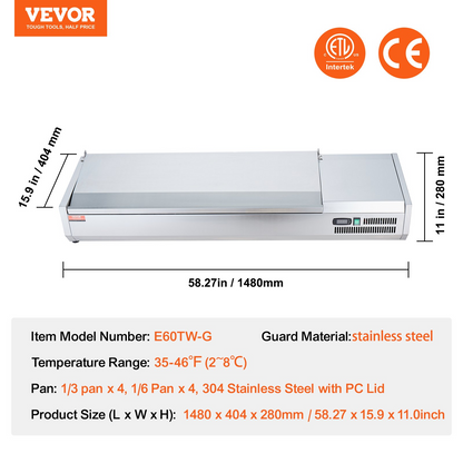 VEVOR Refrigerated Condiment Prep Station, 150 W Countertop Refrigerated Condiment Station, with 4 1/3 Pans & 4 1/6 Pans, 304 Stainless Body and PC Lid, Sandwich Prep Table with Stainless Guard, ETL