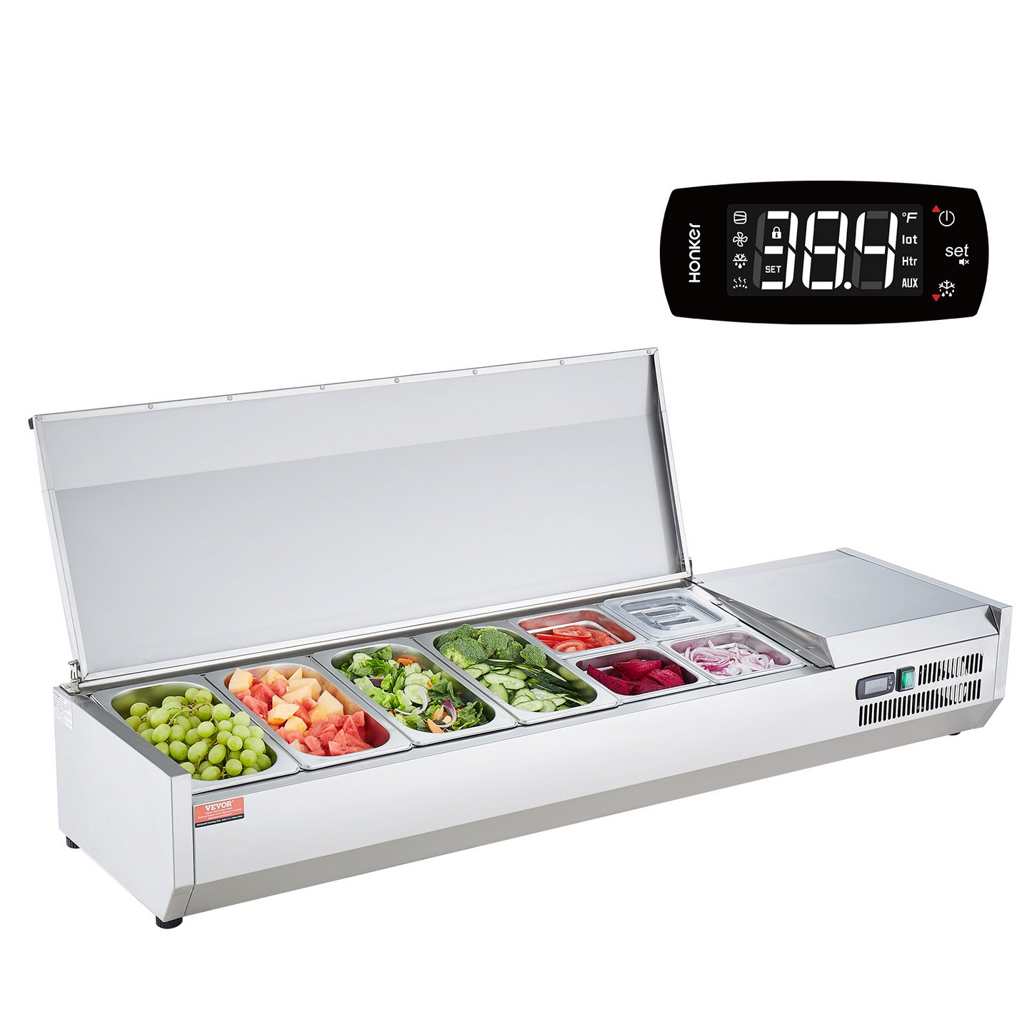 VEVOR Refrigerated Condiment Prep Station, 150 W Countertop Refrigerated Condiment Station, with 4 1/3 Pans & 4 1/6 Pans, 304 Stainless Body and PC Lid, Sandwich Prep Table with Stainless Guard, ETL