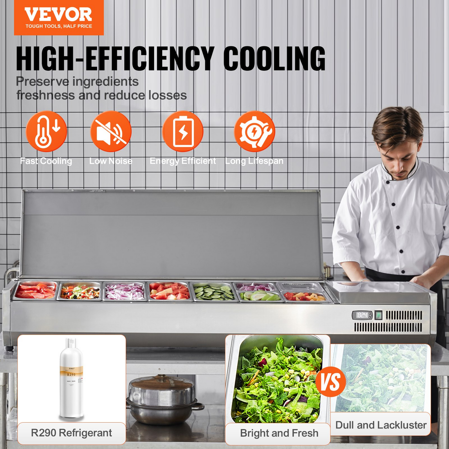 VEVOR Refrigerated Condiment Prep Station, 160 W Countertop Refrigerated Condiment Station, with 5 1/3 Pans & 4 1/6 Pans, 304 Stainless Body and PC Lid, Sandwich Prep Table with Stainless Guard, ETL