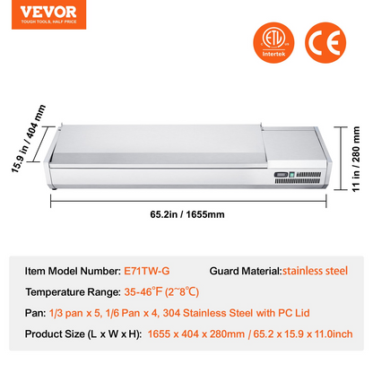 VEVOR Refrigerated Condiment Prep Station, 160 W Countertop Refrigerated Condiment Station, with 5 1/3 Pans & 4 1/6 Pans, 304 Stainless Body and PC Lid, Sandwich Prep Table with Stainless Guard, ETL