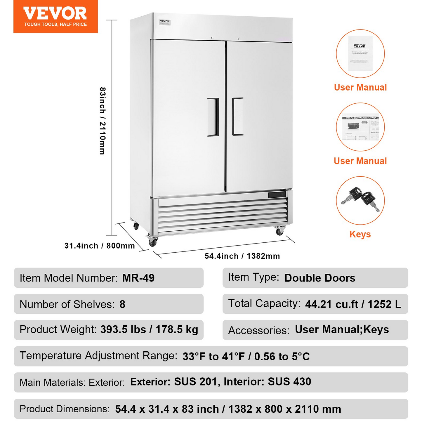 VEVOR Commercial Refrigerator 44.21 Cu.ft, Reach In 54.4" W Upright Refrigerator 2 Doors, Auto-Defrost Stainless Steel Reach-in Refrigerator with 8 Shelves, 33 to 41℉ Temp Control, LED Light, 4 Wheels