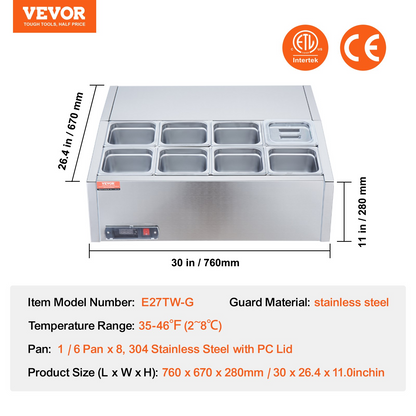 VEVOR Refrigerated Condiment Prep Station, 140 W Countertop Refrigerated Condiment Station, with 8 1/6 Pans, 304 Stainless Body and PC Lid, Sandwich Prep Table with Stainless Steel Guard, ETL