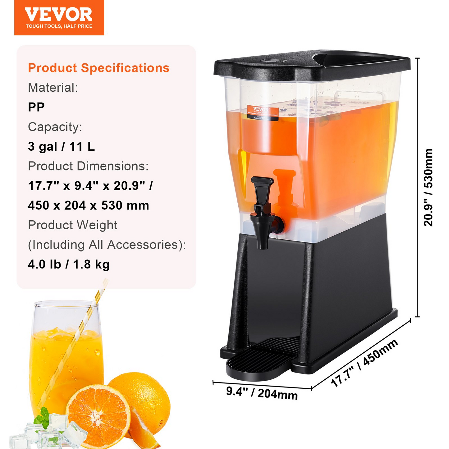 VEVOR Beverage Dispenser, 3 Gallon Drink Dispenser for Parties, Plastic Juice Dispenser with Stand Spigot Lid, Iced Tea Lemonade Juice Water Dispenser, for Restaurants, Hotels, Parties