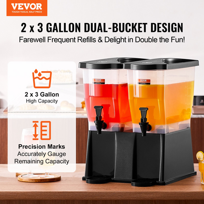 VEVOR Beverage Dispenser, 3 Gallon x 2 Drink Dispensers for Parties, Plastic Juice Dispenser with Stand Spigot Lid, Iced Tea Lemonade Juice Water Dispenser, for Restaurants, Hotels, Parties