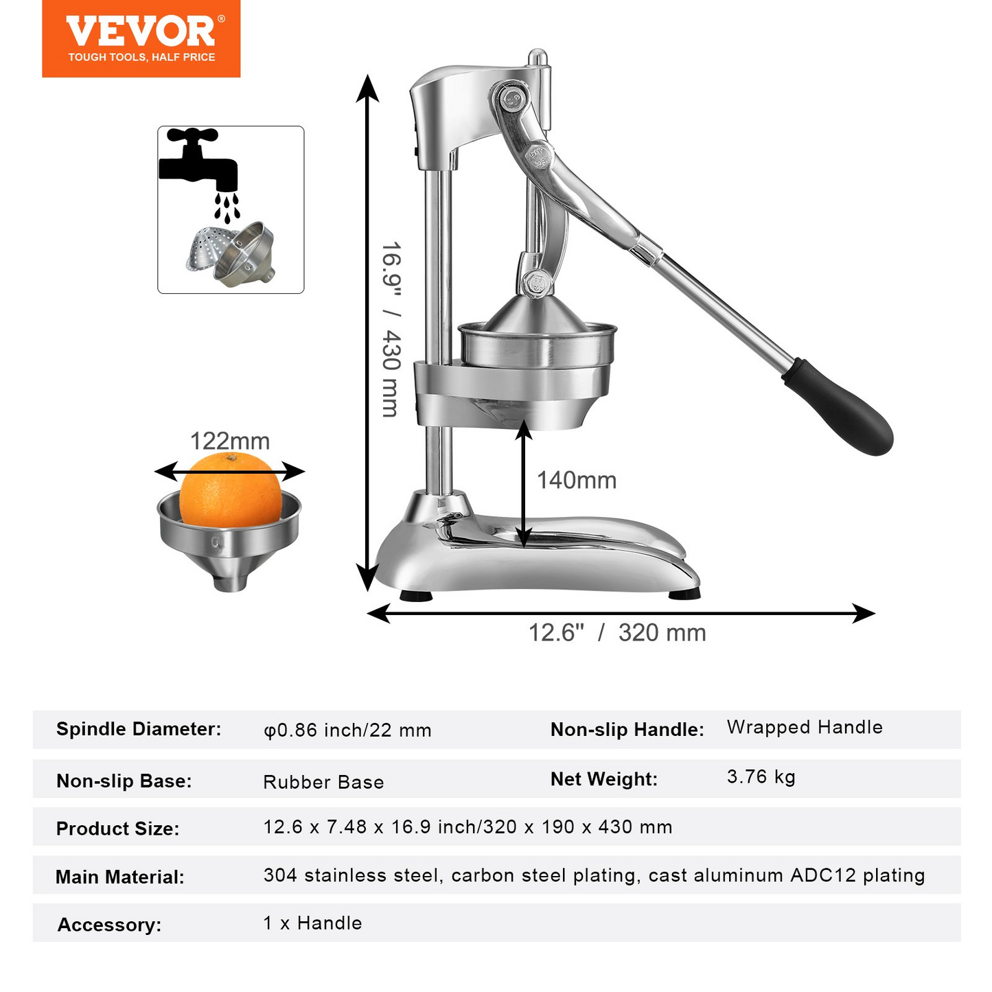 VEVOR Citrus Juice Press, Hand Press Orange Juicer Press, Commercial Grade Manual Citrus Juicer Lemon Squeezer, Easy-to-Clean Fruit Press Juicer for Lemon Pomegranate Orange Juice