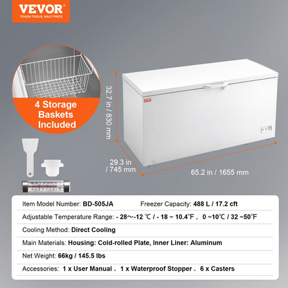 VEVOR Chest Freezer, 17.2 Cu.ft / 488 L Large Deep Freezer & 4 Removable Baskets, Freestanding Top Open Door Commercial Chest Freezers with Locking Lid, 7-Level Adjustable Temp, LED Lighting, 6 Wheels