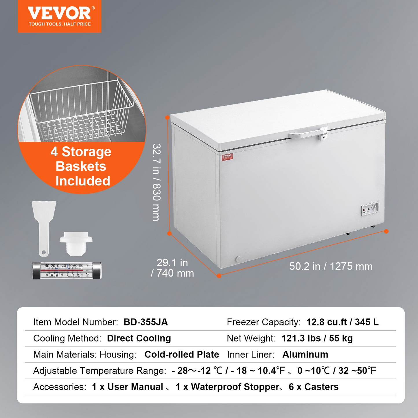 VEVOR Chest Freezer, 12.8 Cu.ft / 345 L Large Deep Freezer & 4 Removable Baskets, Freestanding Top Open Door Commercial Chest Freezers with Locking Lid, 7-Level Adjustable Temp, LED Lighting, 6 Wheels