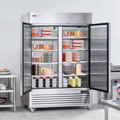 VEVOR Commercial Freezer 44.21 Cu.ft, Reach In 54.4" W Upright Freezer 2 Doors, Auto-Defrost Stainless Steel Reach-in Freezer with 8 Adjustable Shelves, -13 to 5℉ Temp Control, LED Lighting, 4 Wheels