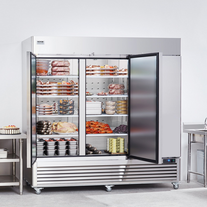 VEVOR Commercial Freezer 60.42 Cu.ft, Reach In 82.5" W Upright Freezer 3 Doors, Auto-Defrost Stainless Steel Reach-in Freezer with 12 Adjustable Shelves, -13 to 5℉ Temp Control, LED Lighting, 4 Wheels