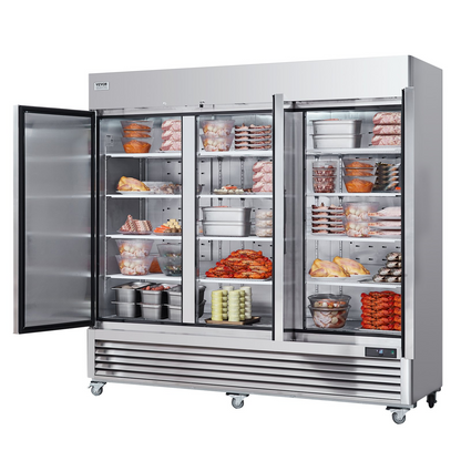 VEVOR Commercial Freezer 60.42 Cu.ft, Reach In 82.5" W Upright Freezer 3 Doors, Auto-Defrost Stainless Steel Reach-in Freezer with 12 Adjustable Shelves, -13 to 5℉ Temp Control, LED Lighting, 4 Wheels