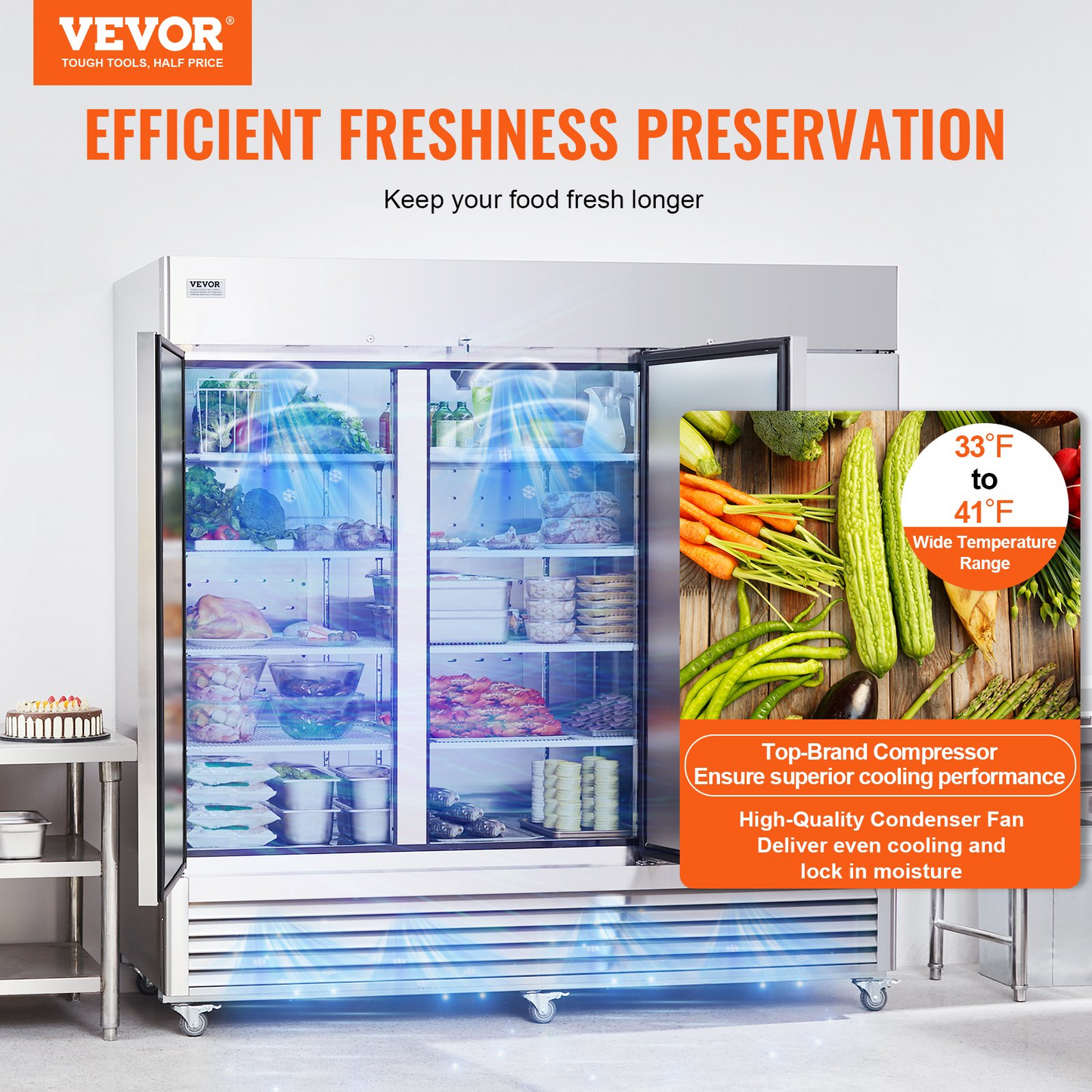 VEVOR Commercial Refrigerator 60.42 Cu.ft, Reach In 82.5" W Upright Refrigerator 3 Doors, Auto-Defrost Stainless Steel Reach-in Refrigerator & 12 Shelves, 33 to 41℉ Temp Control, LED Light, 4 Wheels