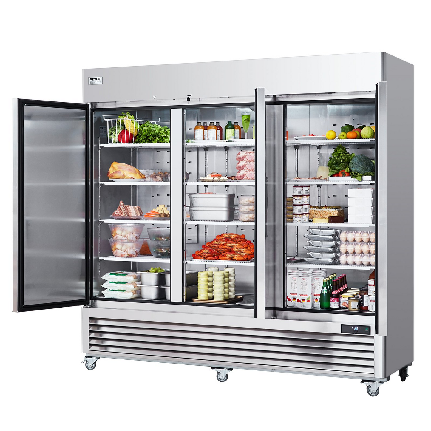 VEVOR Commercial Refrigerator 60.42 Cu.ft, Reach In 82.5" W Upright Refrigerator 3 Doors, Auto-Defrost Stainless Steel Reach-in Refrigerator & 12 Shelves, 33 to 41℉ Temp Control, LED Light, 4 Wheels