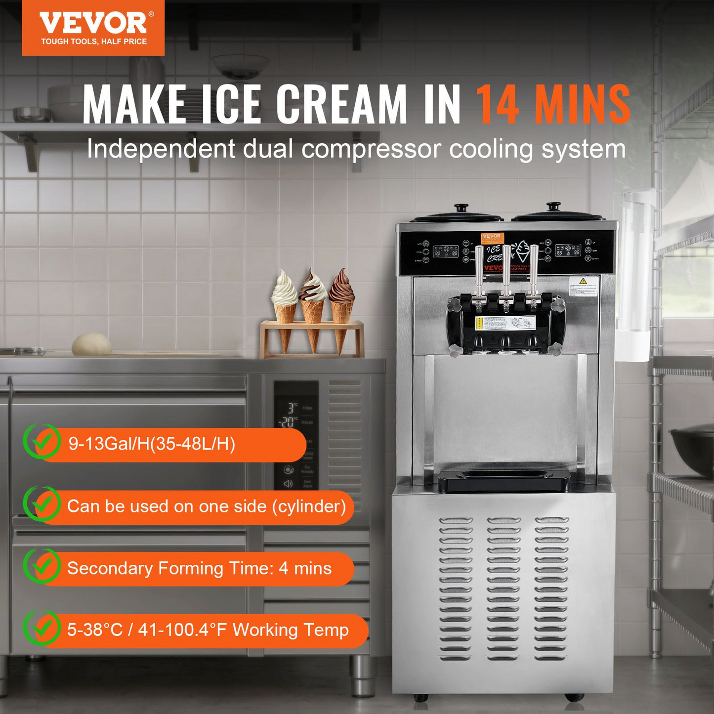 VEVOR Commercial Ice Cream Machine, 34-44 L/H Yield, 3400W 3-Flavor Freestanding Soft Serve Ice Cream Maker, 2 x 9L Stainless Steel Hopper, LED Panel Allows Single Cylinder Use Overnight Refrigeration