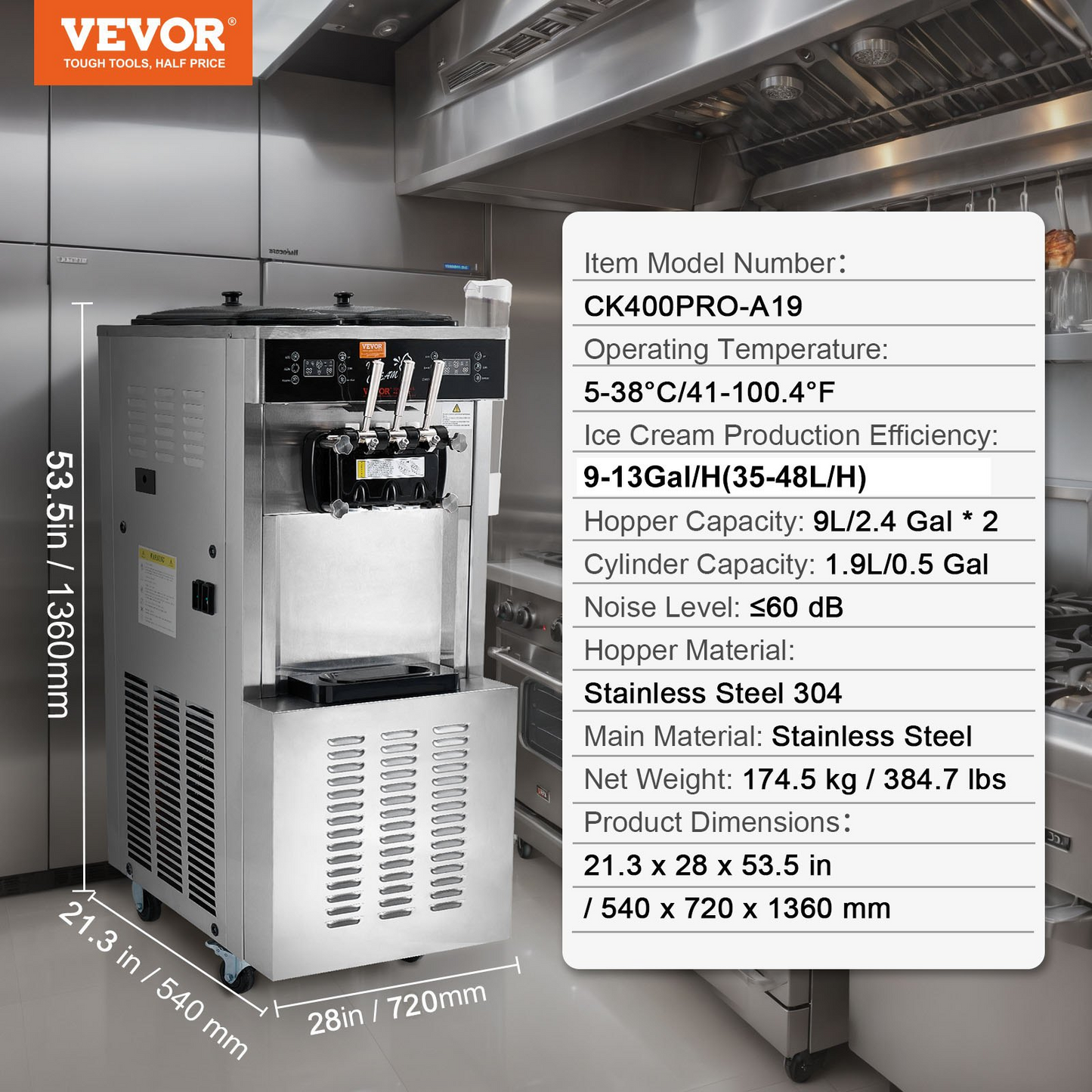 VEVOR Commercial Ice Cream Machine, 34-44 L/H Yield, 3400W 3-Flavor Freestanding Soft Serve Ice Cream Maker, 2 x 9L Stainless Steel Hopper, LED Panel Allows Single Cylinder Use Overnight Refrigeration