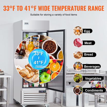 VEVOR Commercial Refrigerator 19.32 Cu.ft, Reach In 27" W Upright Refrigerator Single Door, Auto-Defrost Stainless Steel Reach-in Refrigerator & 4 Shelves, 33 to 41℉ Temp Control, LED Light, 4 Wheel