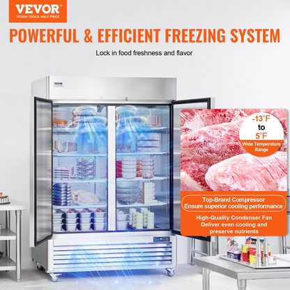 VEVOR Commercial Freezer 44.21 Cu.ft, Reach In 54.4" W Upright Freezer 2 Doors, Auto-Defrost Stainless Steel Reach-in Freezer with 8 Adjustable Shelves, -13 to 5℉ Temp Control, LED Lighting, 4 Wheels