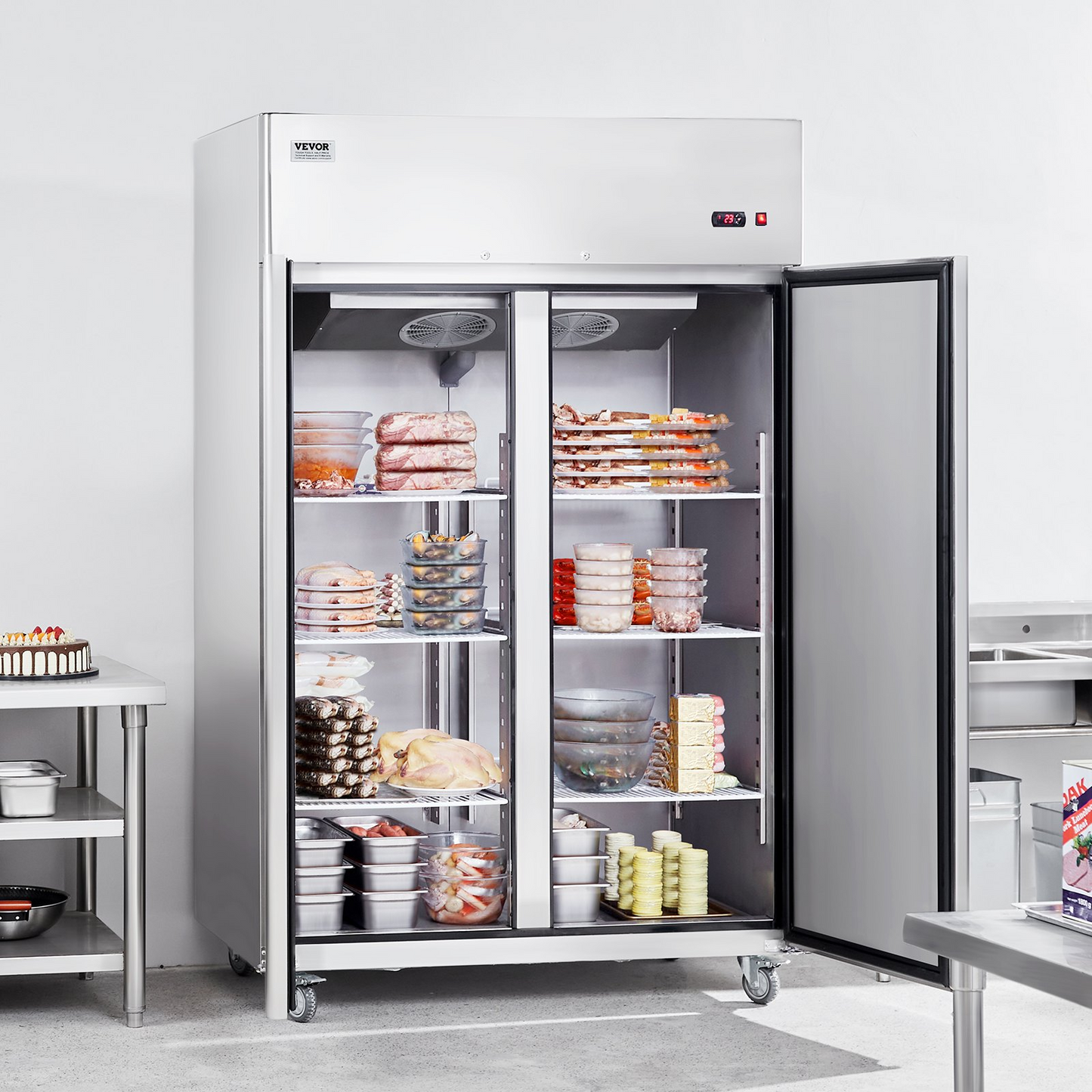 VEVOR Commercial Freezer 44.21 Cu.ft, Reach In 54.4" W Upright Freezer 2 Doors, Auto-Defrost Stainless Steel Reach-in Freezer with 8 Adjustable Shelves, -13 to 5℉ Temp Control, LED Lighting, 4 Wheels