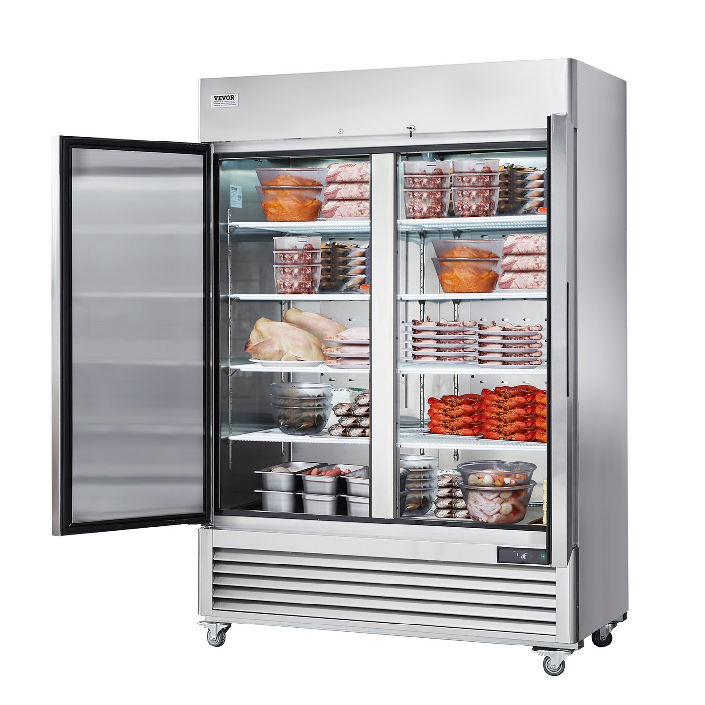 VEVOR Commercial Freezer 44.21 Cu.ft, Reach In 54.4" W Upright Freezer 2 Doors, Auto-Defrost Stainless Steel Reach-in Freezer with 8 Adjustable Shelves, -13 to 5℉ Temp Control, LED Lighting, 4 Wheels